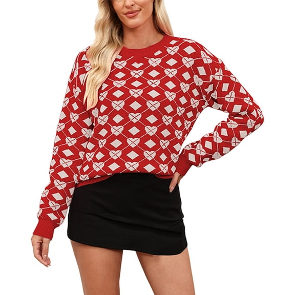 Womens Valentine Sweater Bow And Large Heart Design Crewneck Knit Sweater Long Sleeve Color Block Pullover Jumper Top RD2 M