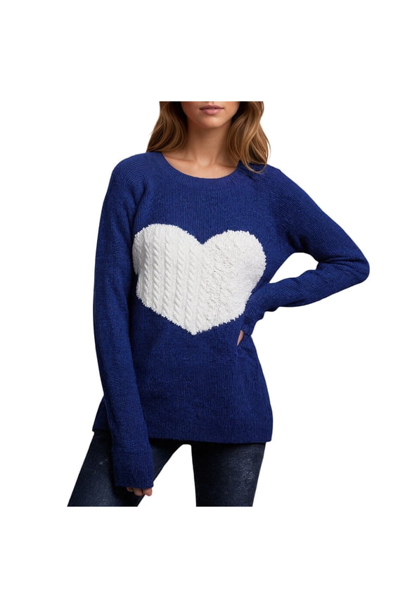 Womens Valentine Sweater Generously Sized Heart Print Crewneck Sweater Long Sleeve Loose Knit Pullover Top Navy S