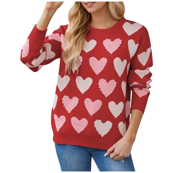 Womens Valentine Sweater Handmade Beaded Heart & Peach Crewneck Knit Sweater Long Sleeve Unique Pullover Top Red L
