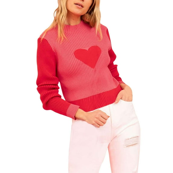 Womens Valentine Sweater Heart Print Turtleneck Knit Sweater Fitted Long Sleeve Pullover Base Layer for Winter Red S