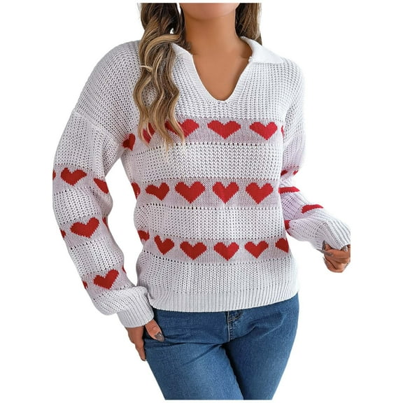 Womens Valentine Sweater Long Sleeve Loose Fit Knit Pullover Tops V Neck Row Heart Print Love Gifts Casual Fall Winter Womens Sweater