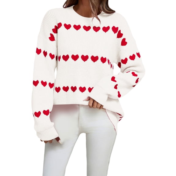 Womens Valentine Sweater Minimalist Heart Print Crewneck Knit Sweater Long Sleeve Soft Pullover Clean Design Jumper Top White L