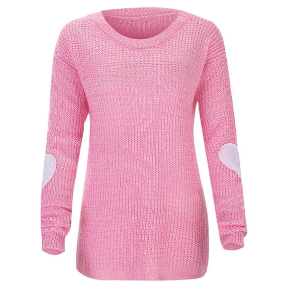 Womens Valentine Sweater Solid Color Crewneck Knit Sweater Heart Elbow Patches Long Sleeve Soft Pullover Jumper Top Fall Winter Pink XXL