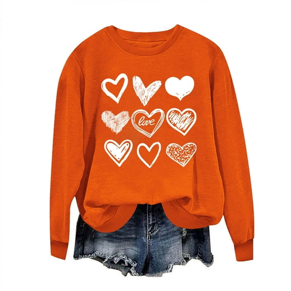 Womens Valentine Sweatshirt Love Heart Print Valentine's Day Sweater Oversized Crewneck Long Sleeve Pullover Tops
