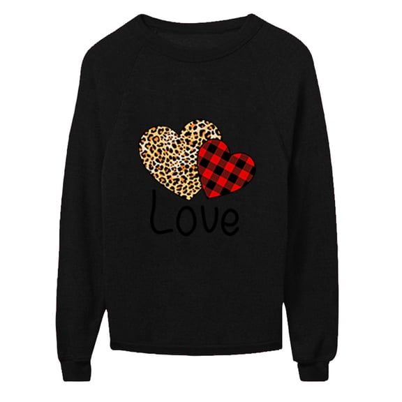 Womens Valentine T Shirts Love Heart Printed Graphic Tops O Neck Loose Sweater Long Sleeve Casual Blouse Plus Size Clothes