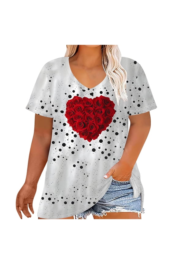 Womens Valentine's Day Blouse Plus Size Red Rose Heart Print Short Sleeve V-Neck Casual Top Polyester Spandex Romantic Date Night Shirt XL-5XL,Size 3XL