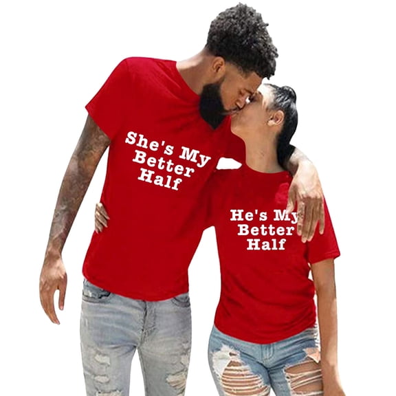 Womens Valentine's Day Casual Solid Color With Interesting English Letter Print Crewneck Short Sleeve Lover's Clothes