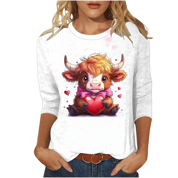 Womens Valentine's Day Cow Heart Print 3/4 Sleeve Top, White Soft Stretchy Casual Polyester Spandex Shirt Gift,Size S