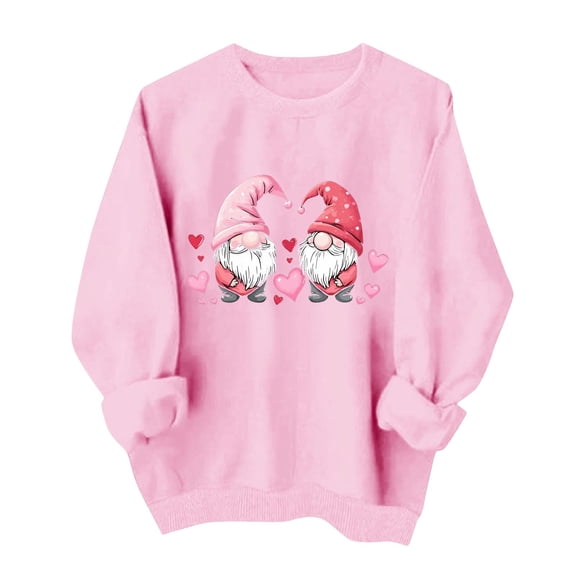 Womens Valentine's Day Gnome Sweatshirt Cute Oversized Graphic Print Shirt, Soft Light Pink Crewneck Sweater Casual Holiday Gift for Her,Size L