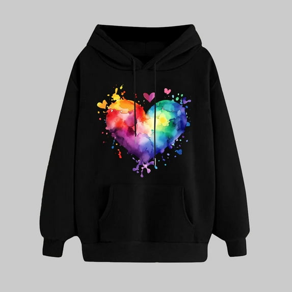 Womens Valentine's Day Hooded Casual Classic Fit Long Sleeve Pullover Cute Heart Print Comfortable Hooded Sweatshirt Black XXL