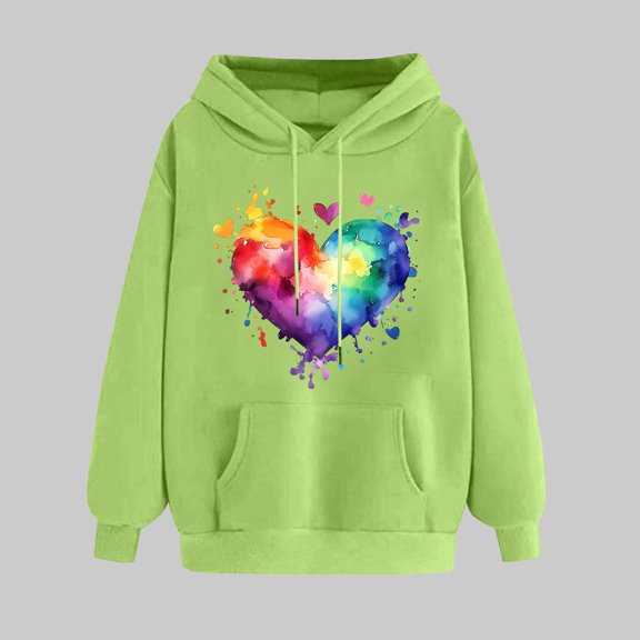 Womens Valentine's Day Hooded Casual Classic Fit Long Sleeve Pullover Cute Heart Print Comfortable Hooded Sweatshirt Green S