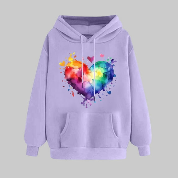 Womens Valentine's Day Hooded Casual Classic Fit Long Sleeve Pullover Cute Heart Print Comfortable Hooded Sweatshirt Purple L
