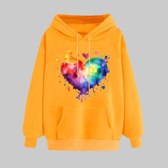 Womens Valentine's Day Hooded Casual Classic Fit Long Sleeve Pullover Cute Heart Print Comfortable Hooded Sweatshirt Yellow S