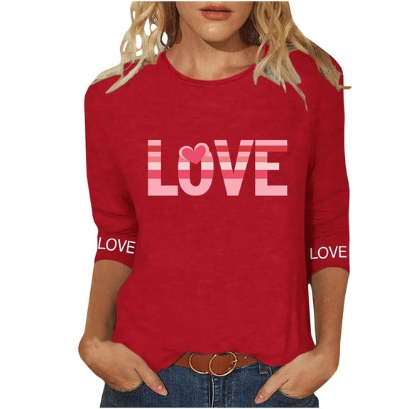 Womens Valentine's Day LOVE Graphic Top, Red 3/4 Sleeve Shirt, Cute Romantic Gift for Her, Soft Stretch Casual Tee, Sizes S-XXXXXL,Size L