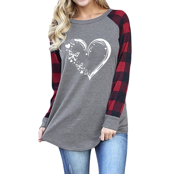 Womens Valentine's Day Ladies Fashion Plaid Love Print Crewneck Top Long Sleeve T-shirt