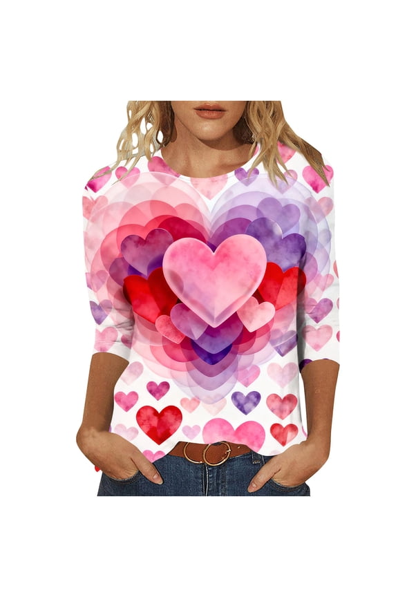 Womens Valentine's Day Long Sleeve Top 3/4 Sleeve Heart Print Blouse Romantic Date Night Casual Shirt Pink Red Purple Plus Size,Size XL
