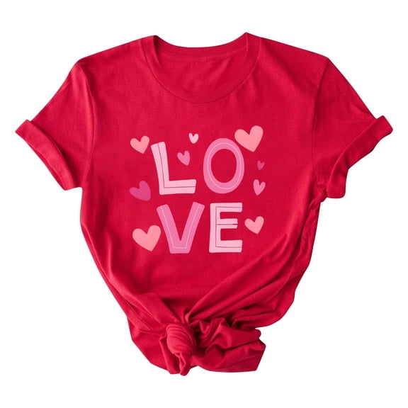 Womens Valentine's Day Love Graphic T-Shirt Red Short Sleeve Knotted Hem Soft Stretch Tee for Holiday Date,Size 2XL