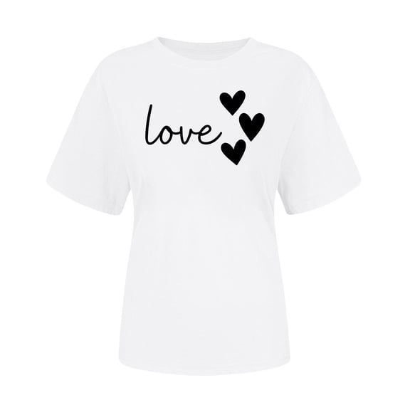 Womens Valentine's Day Love Graphic T-Shirt, White Short Sleeve Tee, Ultra Soft Stretch Casual Top with Heart Print for Everyday Wear or Gift, S-XXXL,Size 3XL