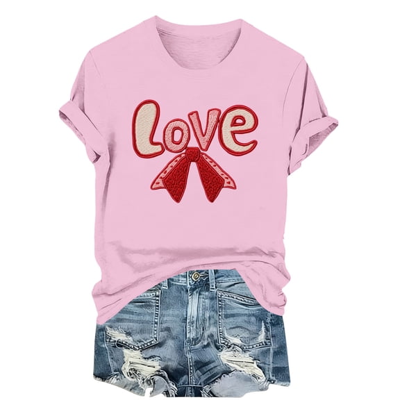 Womens Valentine's Day Love Graphic Tee, Light Pink Cute Bow T-Shirt, Soft Stretch Comfortable Casual Crewneck Top,Size 2XL