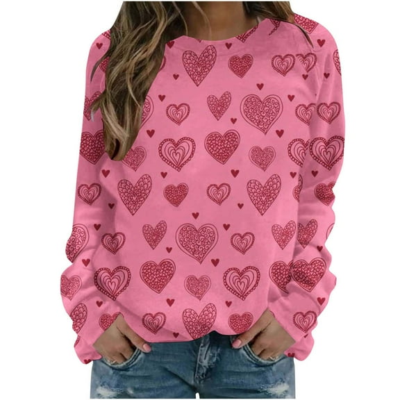 Womens Valentine's Day Printing Shirt Long Sleeve Crew Neck Sweater Sequin Love Heart Print Sweatshirts Valentines Graphic Blouse (Pink XL)