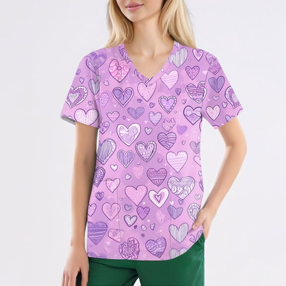 Womens Valentine's Day Scrub Top Cute Heart Print Short Sleeve Vneck Stretch Holiday Split Hem Scrub Shirt Valentine's Day Nurse Uniforms Workwear Tops with Pockets