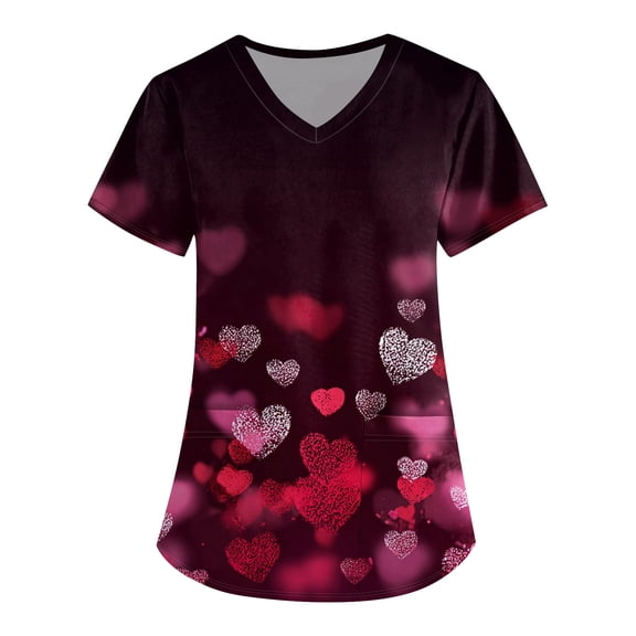 Womens Valentine's Day Scrub Top Graphic Heart Printed Medical Nurse Workwear Tops Summer Soft Stretch Medical Scrubs T Shirts