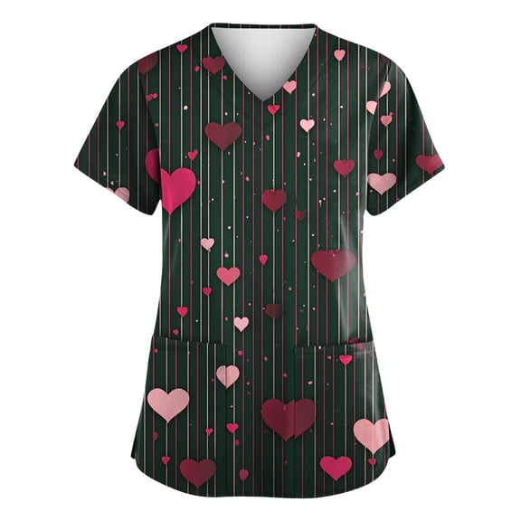 Womens Valentine's Day Scrub Top Love Heart Printed Plus Size Scrubs Short Sleeve V-Neck Working Uniform 2026 Valentine's Day New Medical Plus Size Scrub T Shirts