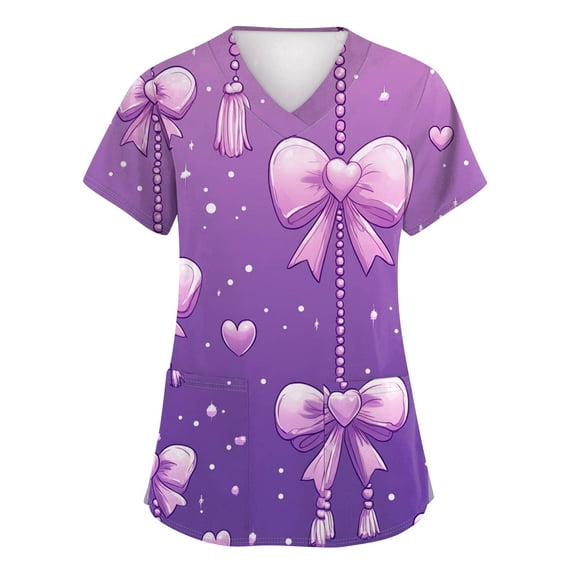 Womens Valentine's Day Scrub Top Short Sleeve V Neck Heart Print Shirts Nursing Working Uniform 2026 Valentine's Day New Medical Plus Size Scrub T Shirts