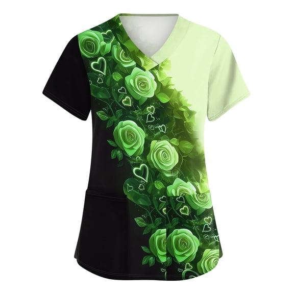 Womens Valentine's Day Scrub Top Short Sleeve V Neck Heart Print Shirts Nursing Working Uniform Valentine's Day Caregiver T Shirts