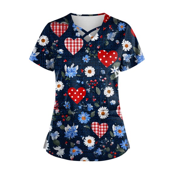 Womens Valentine's Day Scrub Top Short Sleeve V Neck Heart Print Shirts Nursing Working Uniform Valentine's Day Soft Stretchy Holiday Scrub T Shirts