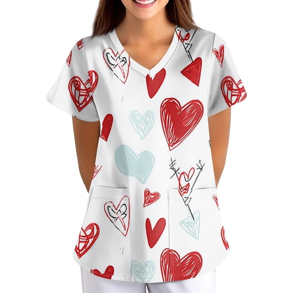 Womens Valentine's Day Scrub Top Stretchy Vneck Short Sleeve Cute Heart Printed Shirts 2026 Valentine's Day New Medical Plus Size Scrub T Shirts