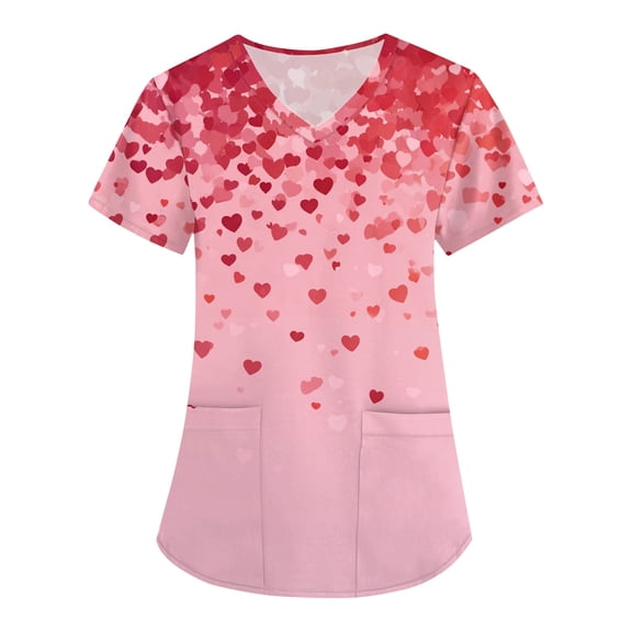 Womens Valentine's Day Scrub Tops Cute Heart Print Short Sleeve Nurse Working Uniforms Valentine's Day Soft Stretchy Holiday Scrub T Shirts