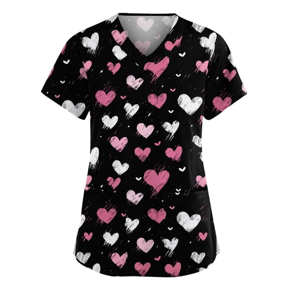 Womens Valentine's Day Scrub Tops Cute Heart Print Short Sleeve Nurse Working Uniforms Valentine's Day Stretch Nursing Medical Scrubs T Shirts with Pockets