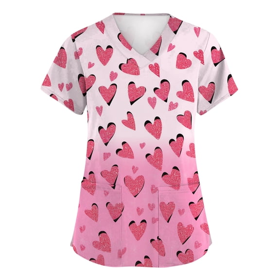 Womens Valentine's Day Scrub Tops Cute Love Heart Printed V-Neck Short Sleeve Scrub Top Valentine's Day Nurse Uniforms Workwear Tops with Pockets