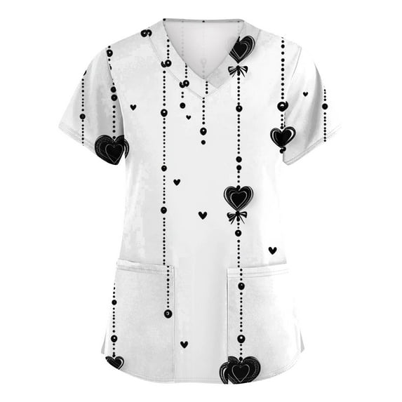 Womens Valentine's Day Scrub Tops Funny Love Heart Printed V-Neck Medical Shirt Tops Valentine's Day Scrub Tops Working Uniforms with Pockets