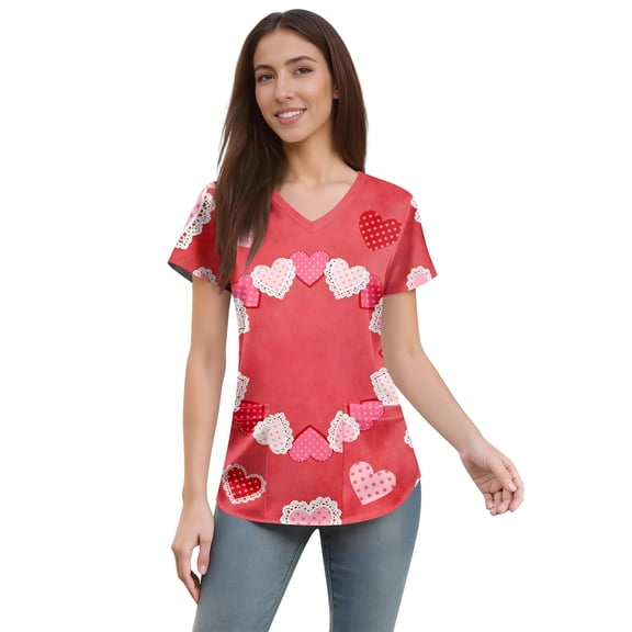Womens Valentine's Day Scrub Tops Love Heart Graphic Short Sleeve V-Neck Scrub Shirts Valentine's Day Scrubs Tops Working Nurse Uniforms with Pockets