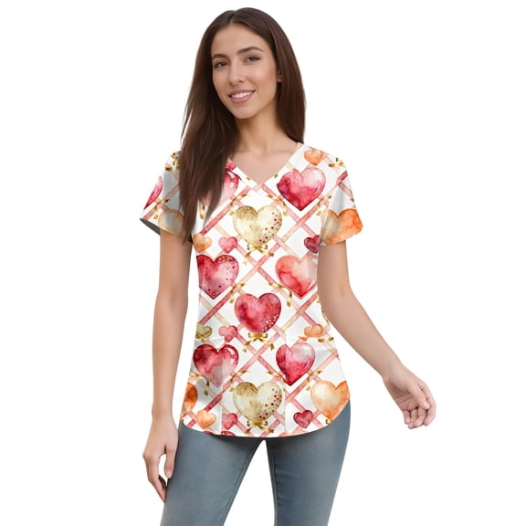 Womens Valentine's Day Scrub Tops Love Heart Graphic Short Sleeve V-Neck Scrub Shirts Valentine's Day Scrubs Tops Working Nurse Uniforms with Pockets