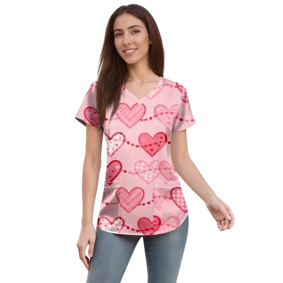 Womens Valentine's Day Scrub Tops Pink Heart Printed V-Neck Medical Shirt Tops Valentine's Day Nurse Uniforms Workwear Tops with Pockets
