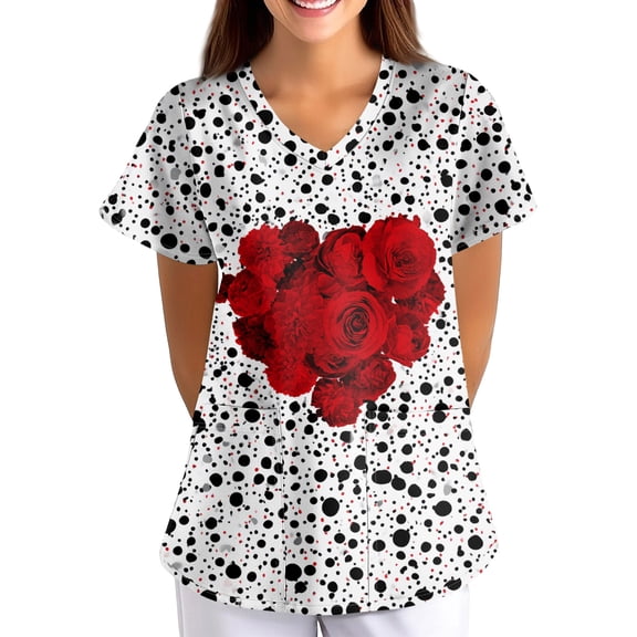 Womens Valentine's Day Scrub Tops Short Sleeve V Neck Heart Print Shirts Nursing Working Uniform 2026 Valentine's Day New Medical Plus Size Scrub T Shirts