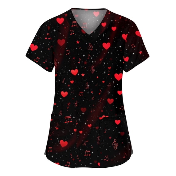 Womens Valentine's Day Scrub Tops Short Sleeve V Neck Heart Printed Plus Size Nursing Uniform with Pockets Black 5XL