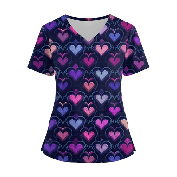 Womens Valentine's Day Scrub Tops Short Sleeve V Neck Love-Hearted Print Plus Size Nursing Uniforms Shirts with Pockets 2025 Dark Blue XL