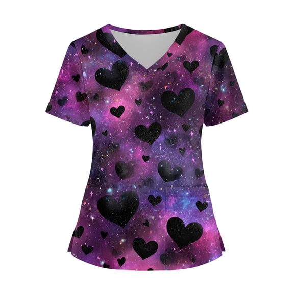 Womens Valentine's Day Scrub Tops Short Sleeve V Neck Love-Hearted Print Plus Size Nursing Uniforms Shirts with Pockets 2025 Dark Purple XL
