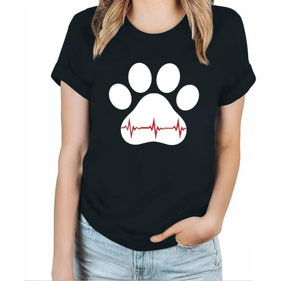 Womens Valentine's Day Shirts ECG Dog Paws Print Shirts Casual Short Sleeve Tee Shirts Loose Fit Round Neck Tshirts