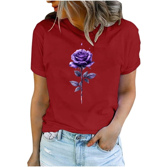 Womens Valentine's Day Shirts Rose Print Basic Tees Girl Friend Gift Tshirts Cute Short Sleeve Tops