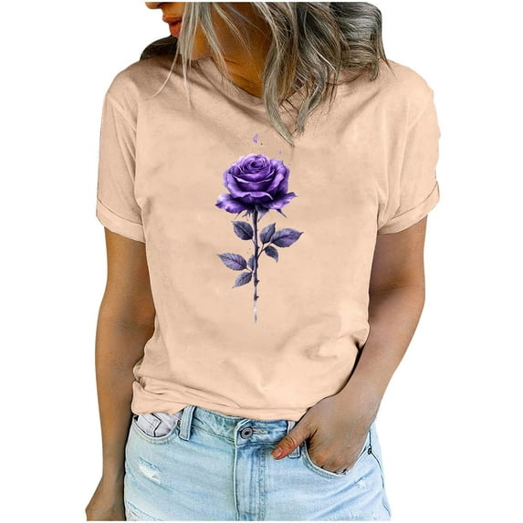 Womens Valentine's Day Shirts Rose Print Basic Tees Girl Friend Gift Tshirts Cute Short Sleeve Tops