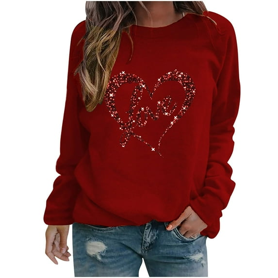 Womens Valentine's Day Shirts Top Long Sleeve Shirts for Women Fashion Valentine's Day Printed Blouses Casual Crew Neck Pullover Tops