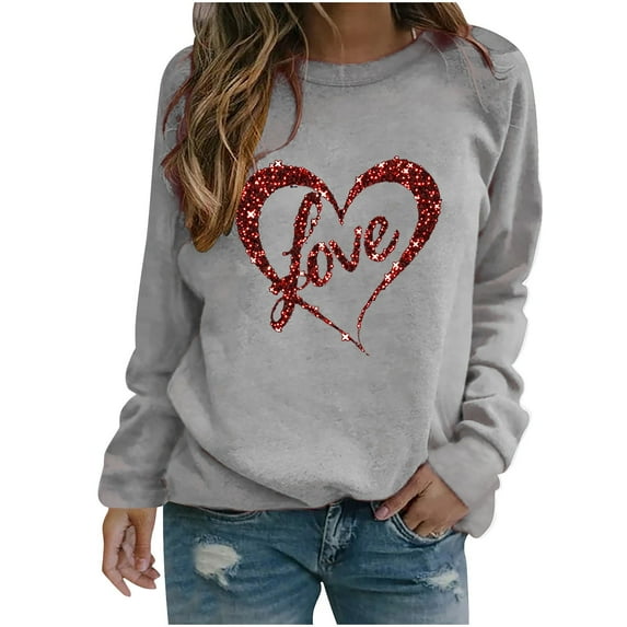 Womens Valentine's Day Shirts Top Long Sleeve Shirts for Women Fashion Valentine's Day Printed Blouses Casual Crew Neck Pullover Tops