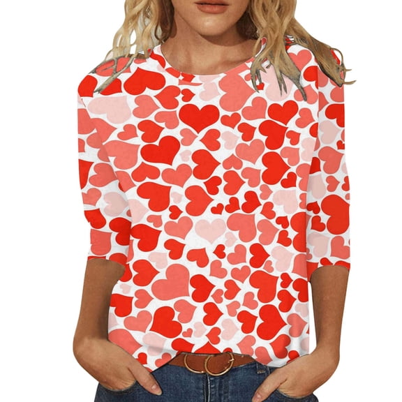 Womens Valentine's Day Shirts Valentine Love Heart Printed Graphic 3/4 Sleeve Crewneck Tunic Tops Casual Lovely Fashion Relaxed Fit Tees