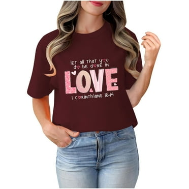 Womens Valentine's Day Short Sleeve Shirts Valentine's Day Love Print Couples T Shirts Round Neck Casual Pullover Blouses Tops