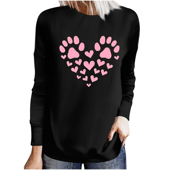 Womens Valentine's Day Sweatshirt Valentine's Day Cute Love Print Loose Shirts Long Sleeve Round Neck Casual Pullover Blouses Tops